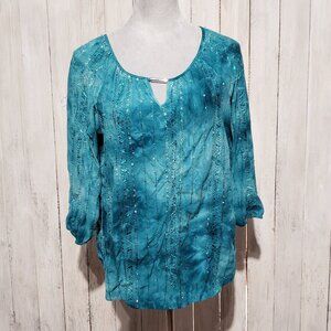 JM Collection PL LP Top Blouse Teal Blue Green Sequin Lace Trim 3/4 Sleeve Knit